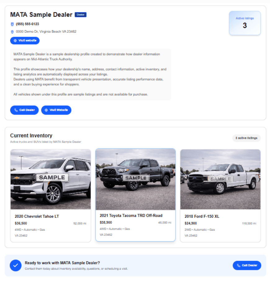 Dealer profile page on Mid-Atlantic Truck Authority