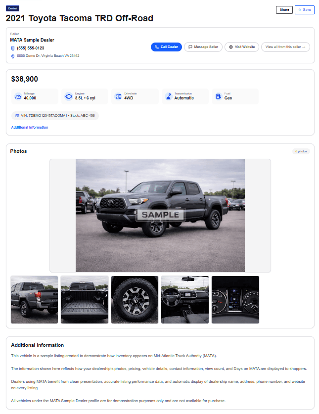 Sample truck listing on Mid-Atlantic Truck Authority