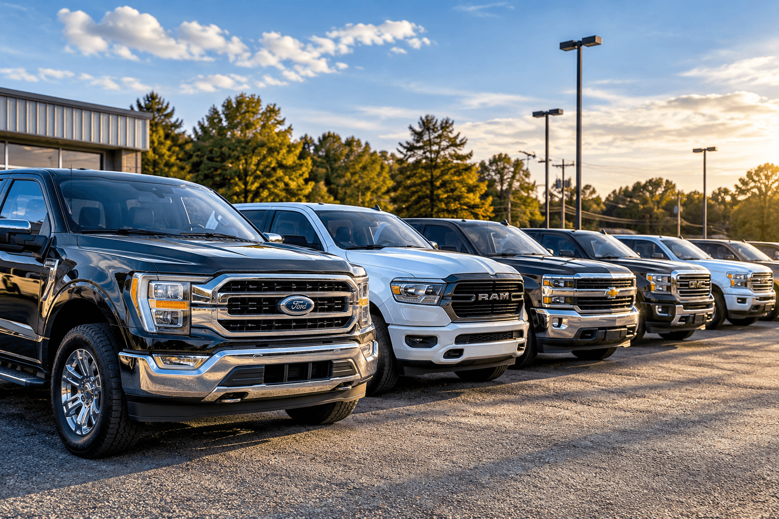 Used pickup trucks lined up at an independent dealership