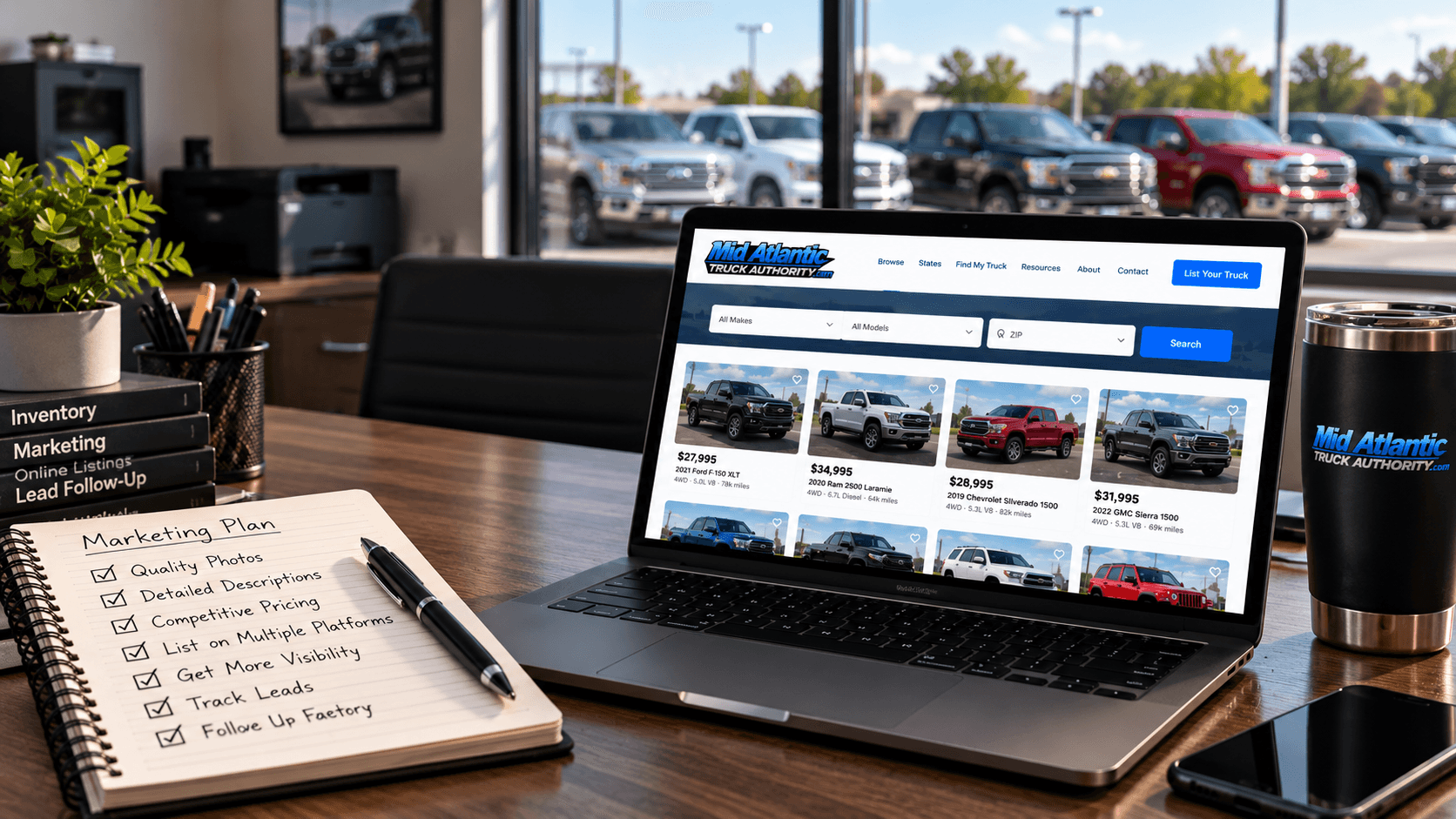 Dealership marketing workspace with a laptop displaying used truck inventory and a view of trucks outside