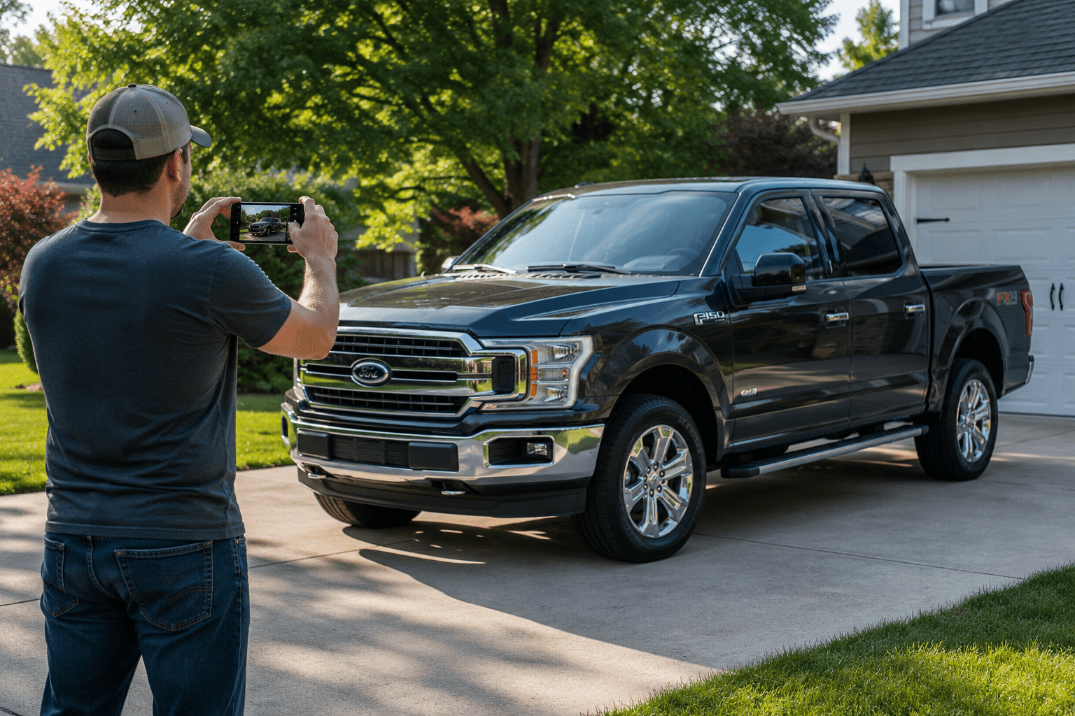 Truck owner taking photos of a pickup truck to create a private sale listing